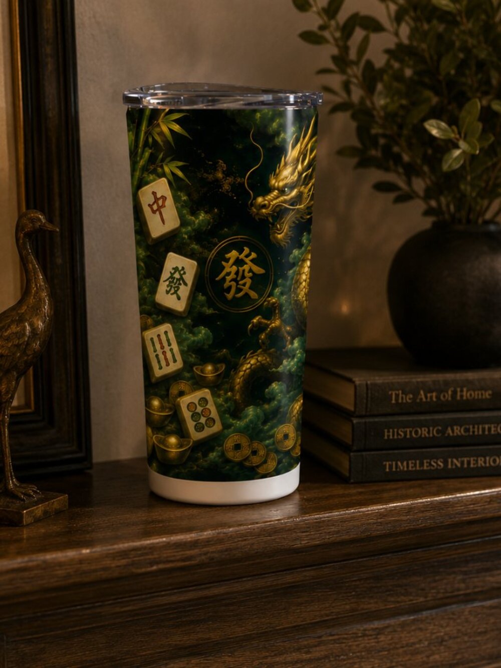 Gold Dragon Mahjong Tumbler 20oz | Mahjong Gift for Her | Jade Green Chinese - Picture 5 of 9
